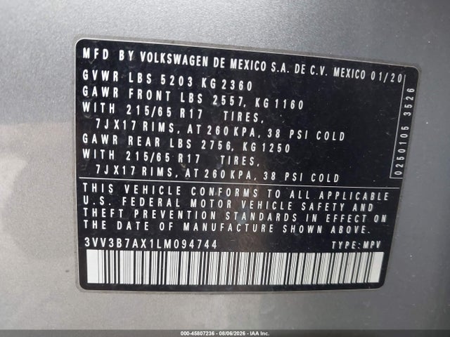 Продаж на аукціоні авто 2020 Volkswagen Tiguan 2.0t Se/2.0t Se R-line Black/2.0t Sel, vin: 3VV3B7AX1LM094744, номер лоту: 45807236
