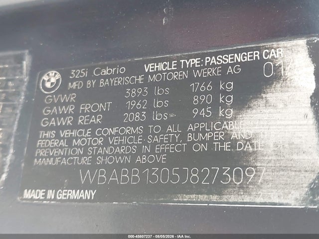 1988 Bmw 325 I მანქანა იყიდება აუქციონზე, vin: WBABB1305J8273097, აუქციონის ნომერი: 45807237