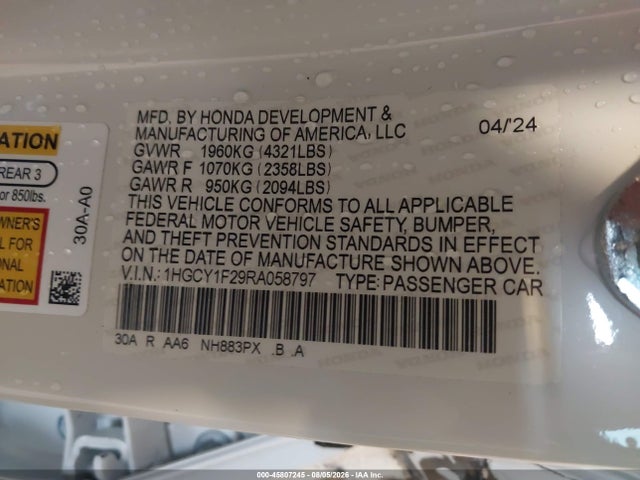 Продаж на аукціоні авто 2024 Honda Accord Lx, vin: 1HGCY1F29RA058797, номер лоту: 45807245