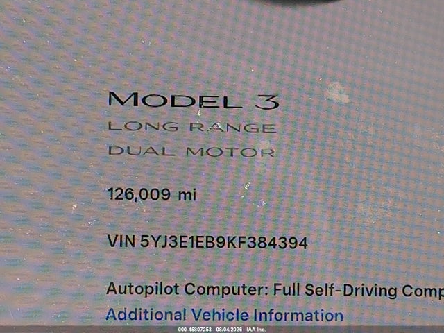 Aukcja sprzedaży 2019 Tesla Model 3 Long Range/performance, vin: 5YJ3E1EB9KF384394, numer aukcji: 45807253