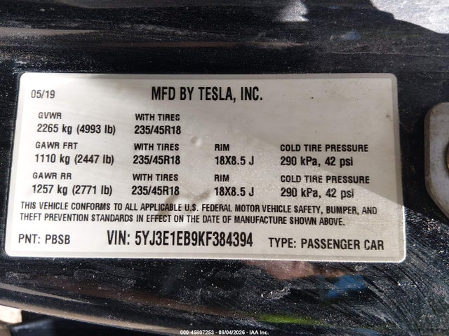 Aukcja sprzedaży 2019 Tesla Model 3 Long Range/performance, vin: 5YJ3E1EB9KF384394, numer aukcji: 45807253