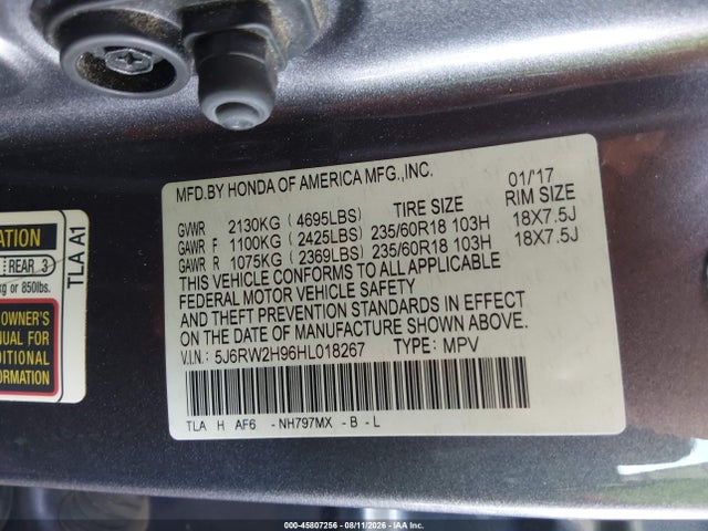 Aukcja sprzedaży 2017 Honda Cr-v Touring, vin: 5J6RW2H96HL018267, numer aukcji: 45807256
