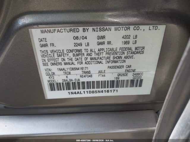 45807266 :رقم المزاد ، 1N4AL11D85N416171 vin ، 2005 Nissan Altima 2.5 S مزاد بيع