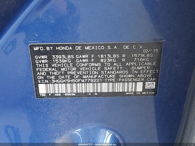 3HGGK5H50FM779221 Honda FIT LX