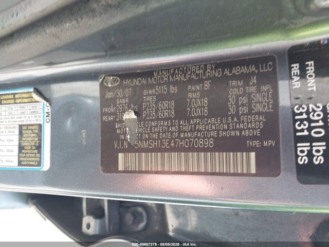 Продаж на аукціоні авто 2007 Hyundai Santa Fe Limited/se, vin: 5NMSH13E47H070898, номер лоту: 45807279