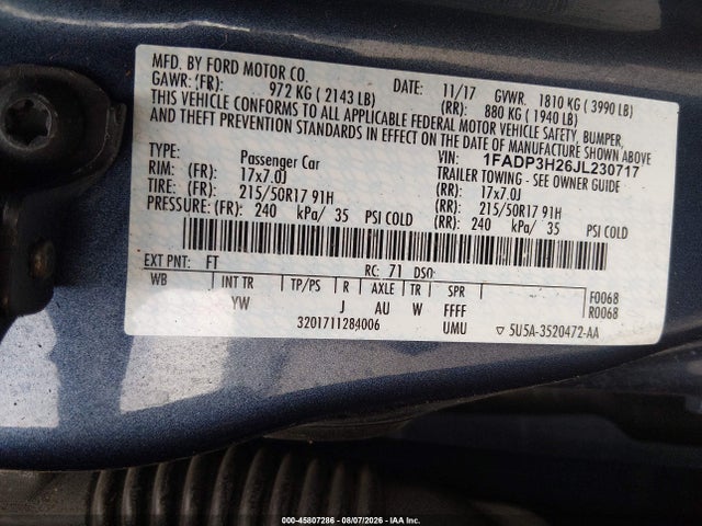 2018 Ford Focus Sel მანქანა იყიდება აუქციონზე, vin: 1FADP3H26JL230717, აუქციონის ნომერი: 45807286