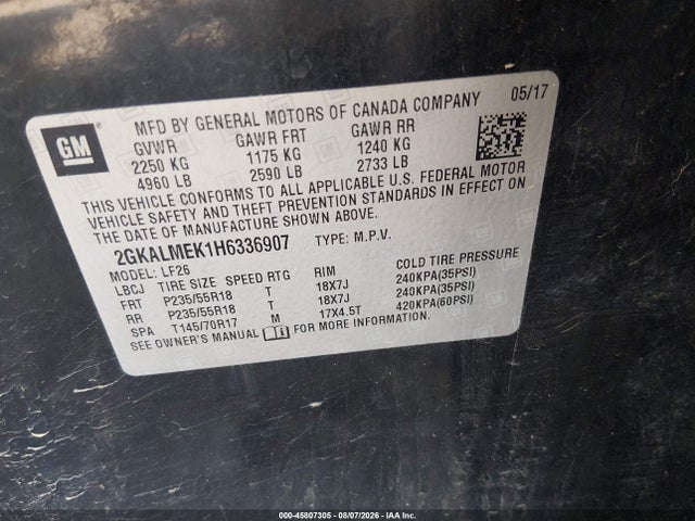 Aukcja sprzedaży 2017 Gmc Terrain Sle-1, vin: 2GKALMEK1H6336907, numer aukcji: 45807305
