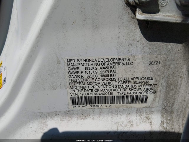 45807310 :رقم المزاد ، 19UDE2F8XNA000330 vin ، 2022 Acura Ilx Premium   A-spec Packages/technology   A-spec Packages مزاد بيع