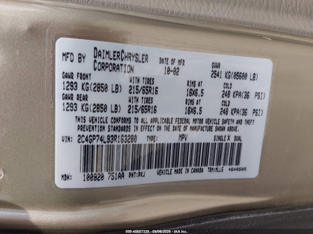 45807328 :رقم المزاد ، 2C4GP74L93R163280 vin ، 2003 Chrysler Town & Country Ex مزاد بيع