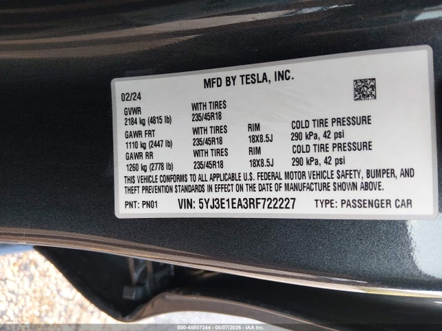 Aukcja sprzedaży 2024 Tesla Model 3 Long Range Dual Motor All-wheel Drive/rear-wheel Drive, vin: 5YJ3E1EA3RF722227, numer aukcji: 45807344