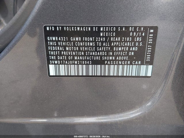 45807372 :رقم المزاد ، 3VWD17AJ0FM218943 vin ، 2015 Volkswagen Jetta 1.8t Se مزاد بيع