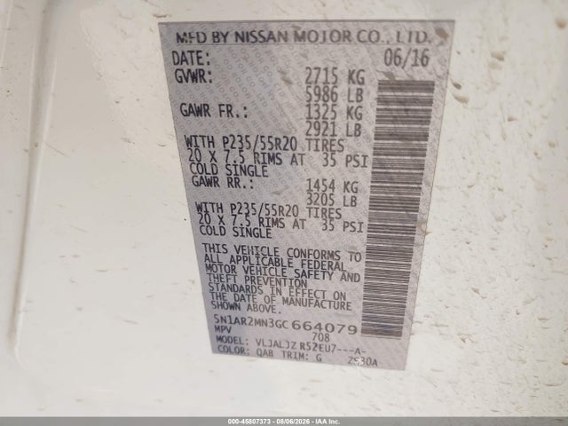 2016 Nissan Pathfinder Platinum მანქანა იყიდება აუქციონზე, vin: 5N1AR2MN3GC664079, აუქციონის ნომერი: 45807373