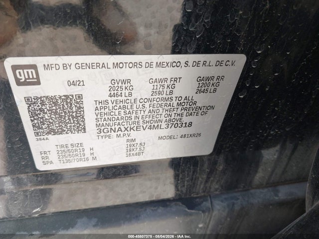 Aukcja sprzedaży 2021 Chevrolet Equinox Fwd Lt, vin: 3GNAXKEV4ML370318, numer aukcji: 45807375