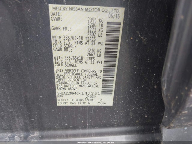 45807376 :رقم المزاد ، 5N1AZ2MH4GN147551 vin ، 2016 Nissan Murano Sv مزاد بيع