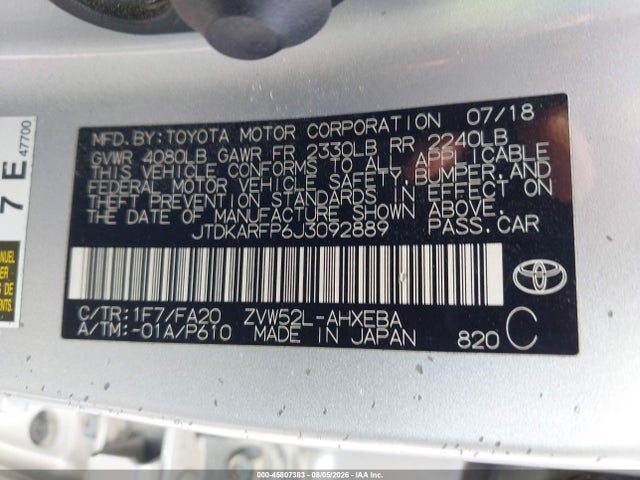 Auction sale of the 2018 Toyota Prius Prime Plus, vin: JTDKARFP6J3092889, lot number: 45807383