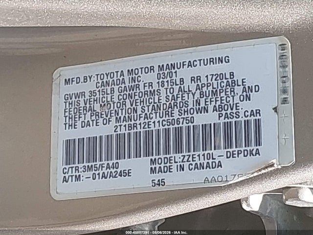 Продажа на аукционе авто 2001 Toyota Corolla Le, vin: 2T1BR12E11C506750, номер лота: 45807391