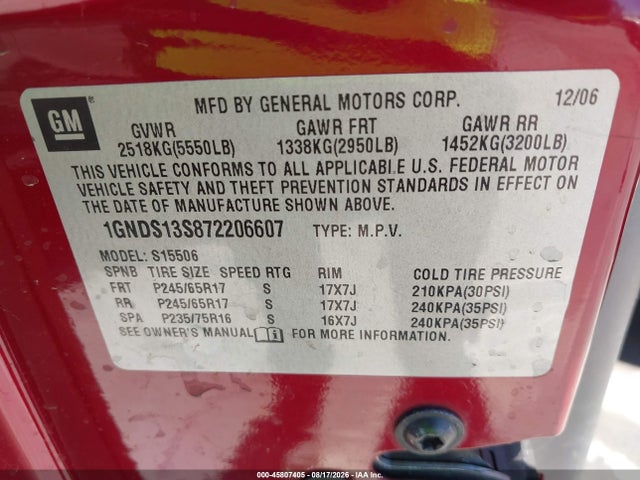Aukcja sprzedaży 2007 Chevrolet Trailblazer Ls, vin: 1GNDS13S872206607, numer aukcji: 45807405