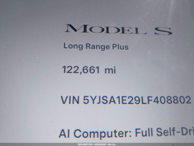 Продаж на аукціоні авто 2020 Tesla Model S Long Range Dual Motor All-wheel Drive/long Range Plus Dual Motor All-wheel Drive, vin: 5YJSA1E29LF408802, номер лоту: 45807428