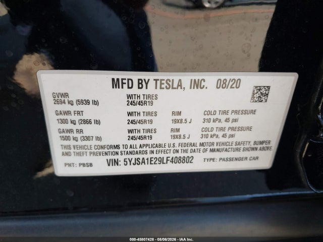 Продаж на аукціоні авто 2020 Tesla Model S Long Range Dual Motor All-wheel Drive/long Range Plus Dual Motor All-wheel Drive, vin: 5YJSA1E29LF408802, номер лоту: 45807428