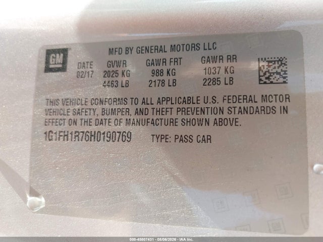 45807431 :رقم المزاد ، 1G1FH1R76H0190769 vin ، 2017 Chevrolet Camaro 2ss مزاد بيع