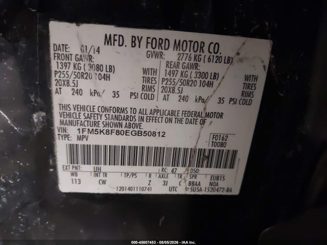 45807453 :رقم المزاد ، 1FM5K8F80EGB50812 vin ، 2014 Ford Explorer Limited مزاد بيع
