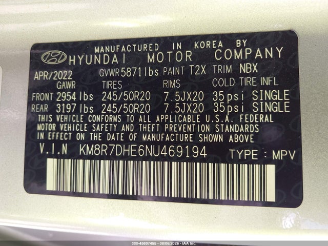 KM8R7DHE6NU469194 Hyundai Palisade Calligraphy