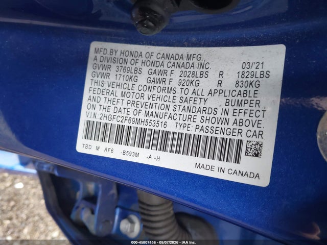 Aukcja sprzedaży 2021 Honda Civic Lx, vin: 2HGFC2F69MH553516, numer aukcji: 45807456