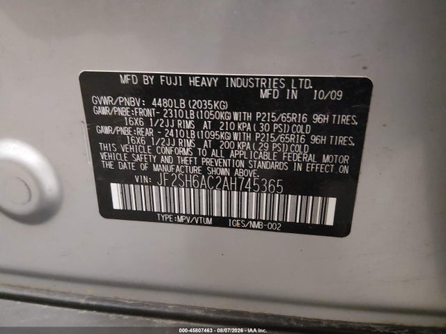 Продажа на аукционе авто 2010 Subaru Forester 2.5x, vin: JF2SH6AC2AH745365, номер лота: 45807463