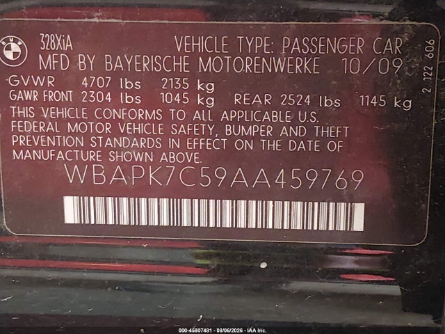 Продаж на аукціоні авто 2010 Bmw 328i Xdrive, vin: WBAPK7C59AA459769, номер лоту: 45807481