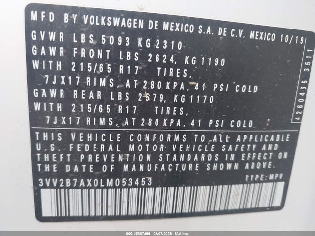 2020 Volkswagen Tiguan 2.0t Se/2.0t Se R-line Black/2.0t Sel მანქანა იყიდება აუქციონზე, vin: 3VV2B7AX0LM053453, აუქციონის ნომერი: 45807499
