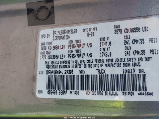 2004 Dodge Ram 1500 St მანქანა იყიდება აუქციონზე, vin: 1D7HA16K64J124309, აუქციონის ნომერი: 45807506