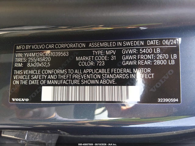 Aukcja sprzedaży 2025 Volvo Xc60 B5 Plus, vin: YV4M12RC4S1039563, numer aukcji: 45807509