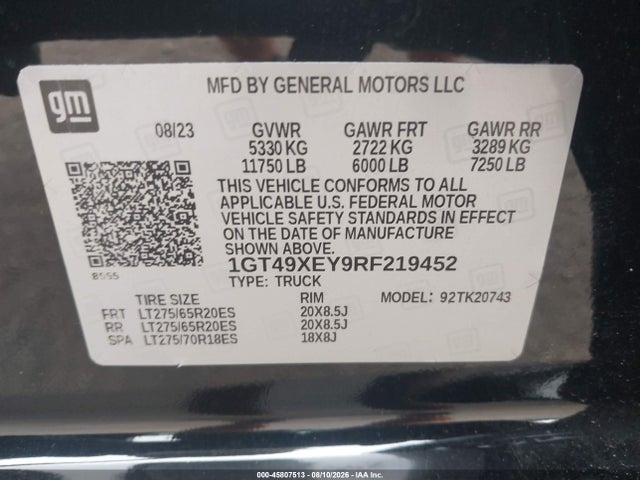 45807513 :رقم المزاد ، 1GT49XEY9RF219452 vin ، 2024 Gmc Sierra 2500hd 4wd  Standard Bed Denali Ultimate مزاد بيع