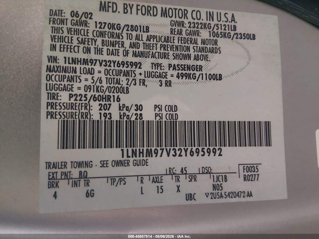 2002 Lincoln Continental მანქანა იყიდება აუქციონზე, vin: 1LNHM97V32Y695992, აუქციონის ნომერი: 45807514