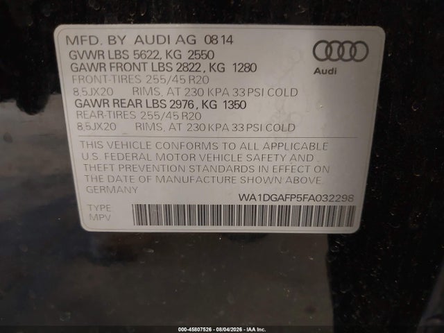 2015 Audi Q5 3.0t Premium Plus მანქანა იყიდება აუქციონზე, vin: WA1DGAFP5FA032298, აუქციონის ნომერი: 45807526