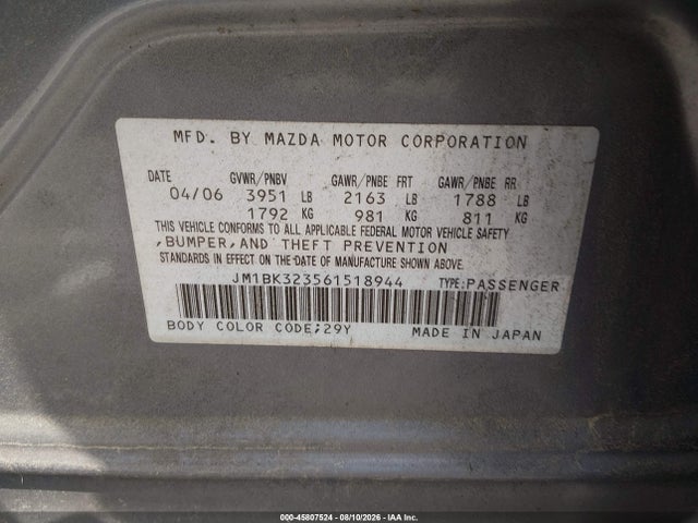 Aukcja sprzedaży 2006 Mazda Mazda3 S Touring, vin: JM1BK323561518944, numer aukcji: 45807524