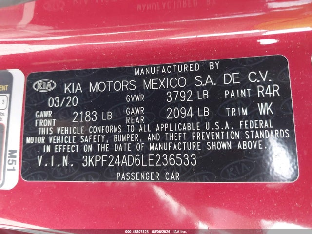 Продаж на аукціоні авто 2020 Kia Forte Lxs, vin: 3KPF24AD6LE236533, номер лоту: 45807528