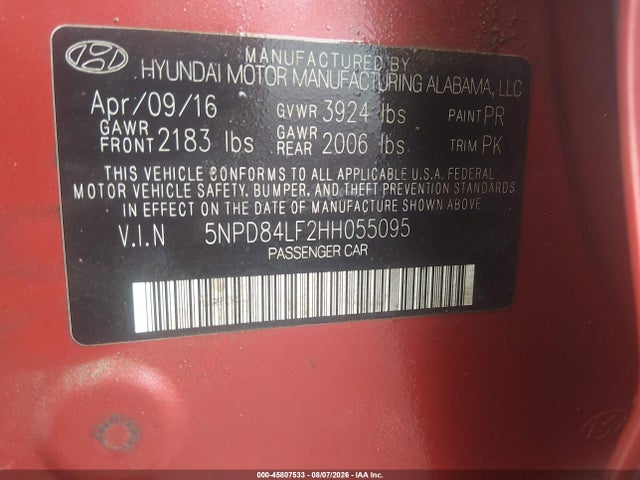 Продажа на аукционе авто 2017 Hyundai Elantra Limited, vin: 5NPD84LF2HH055095, номер лота: 45807533