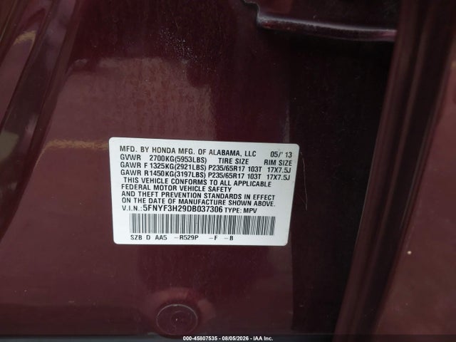 45807535 :رقم المزاد ، 5FNYF3H29DB037306 vin ، 2013 Honda Pilot Lx مزاد بيع