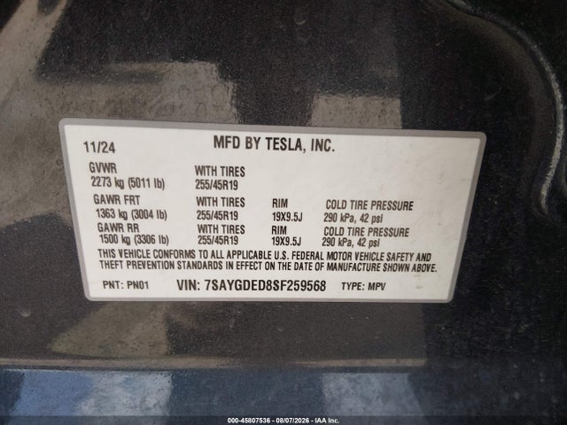 7SAYGDED8SF259568 Tesla Model Y Long Range Dual Motor Rear-wheel Drive