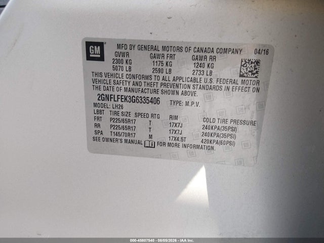 Chevrolet EQUINOX LT 2016 2GNFLFEK3G6335406 Image 9