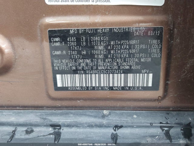Продаж на аукціоні авто 2012 Subaru Outback 2.5i Limited, vin: 4S4BRCLC5C3273424, номер лоту: 45807546