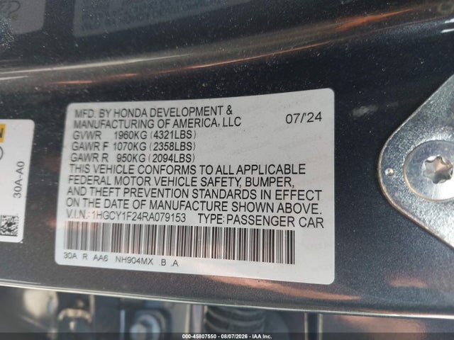 Aukcja sprzedaży 2024 Honda Accord Lx, vin: 1HGCY1F24RA079153, numer aukcji: 45807550