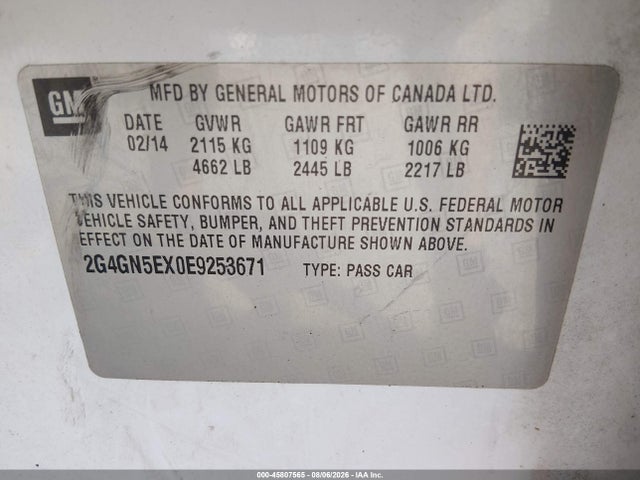 45807565 :رقم المزاد ، 2G4GN5EX0E9253671 vin ، 2014 Buick Regal Turbo/e-assist Premium I مزاد بيع