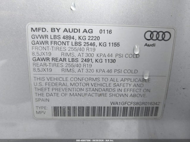 Продаж на аукціоні авто 2016 Audi Q3 2.0t Premium Plus, vin: WA1GFCFS8GR016342, номер лоту: 45807596