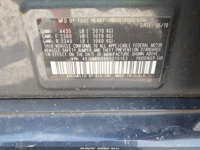 2011 Subaru Legacy 2.5i Premium მანქანა იყიდება აუქციონზე, vin: 4S3BMBB65B3210153, აუქციონის ნომერი: 45807607
