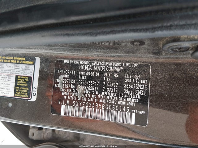 Продаж на аукціоні авто 2011 Hyundai Santa Fe Gls, vin: 5XYZG3AB5BG060146, номер лоту: 45807610