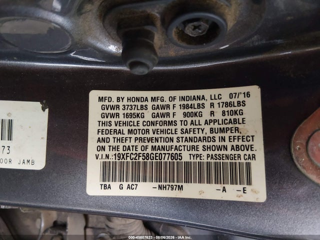 Honda Civic Lx 2016 19XFC2F58GE077605 Image 9
