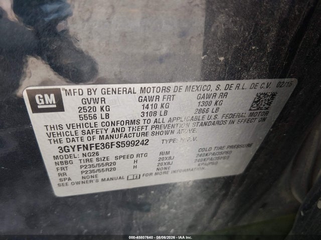 45807640 :رقم المزاد ، 3GYFNFE36FS599242 vin ، 2015 Cadillac Srx Performance Collection مزاد بيع