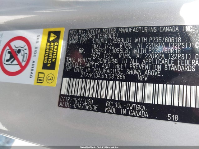 45807646 :رقم المزاد ، 2T2ZK1BA3CC081868 vin ، 2012 Lexus Rx 350 مزاد بيع